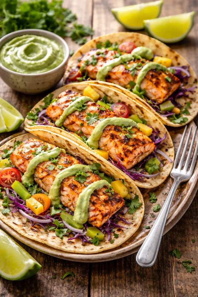 8 Grilled Dinners for a Summer Night 4 Grilled salmon tacos with avocado crema on a rustic plate