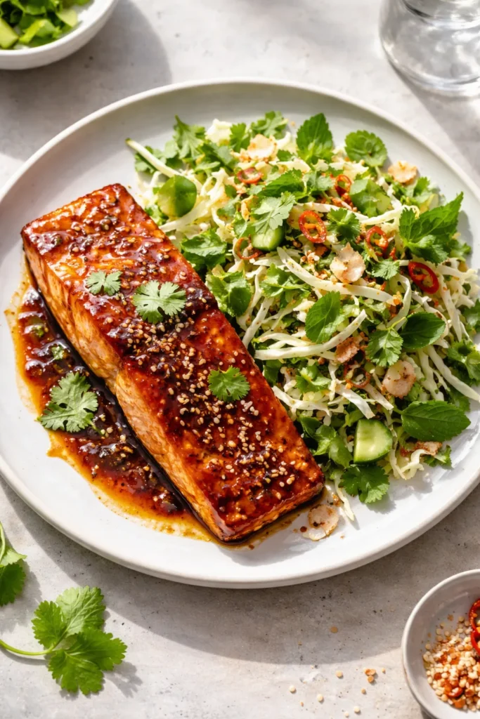 8 Paleo Dinners That Don't Taste Boring 10 Tamarind-glazed salmon plated with coconut herb salad