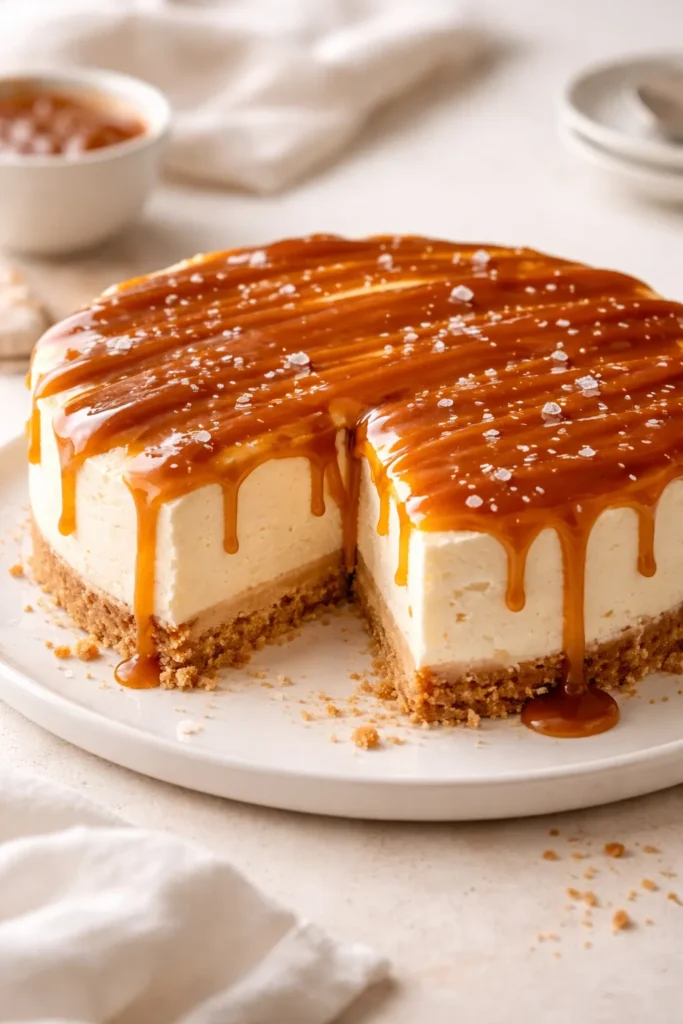10 No Bake Cheesecakes for Hot Summer Days 12 Salted Caramel Cheesecake with amber drizzle