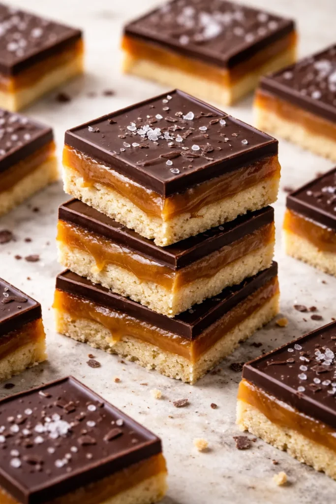 15 Sugar Free Treats That Actually Taste Good 12 Layered salted dark chocolate caramel bars sliced to show layers