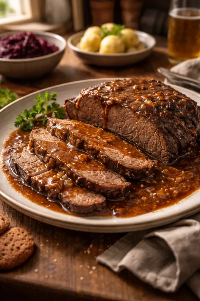 10 Easy German Recipes for a Cozy Dinner 7 Sauerbraten slices with glossy gravy on rustic plate in warm kitchen