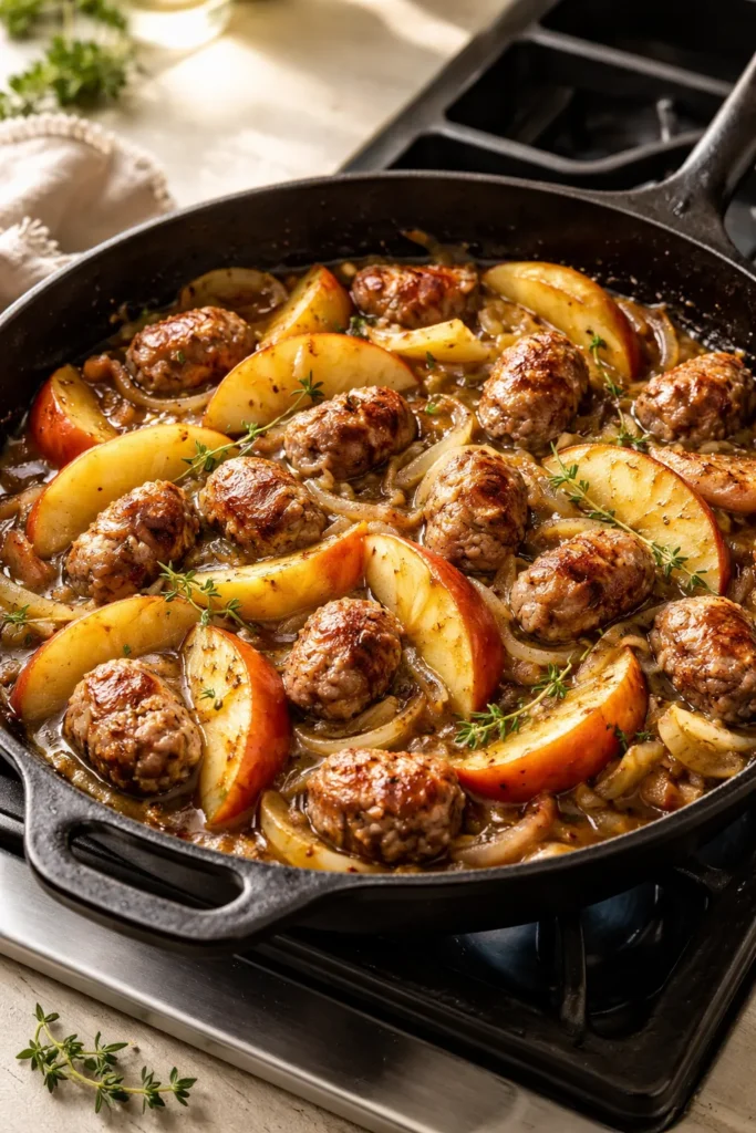 Sausage and apple skillet showing sausage and apples