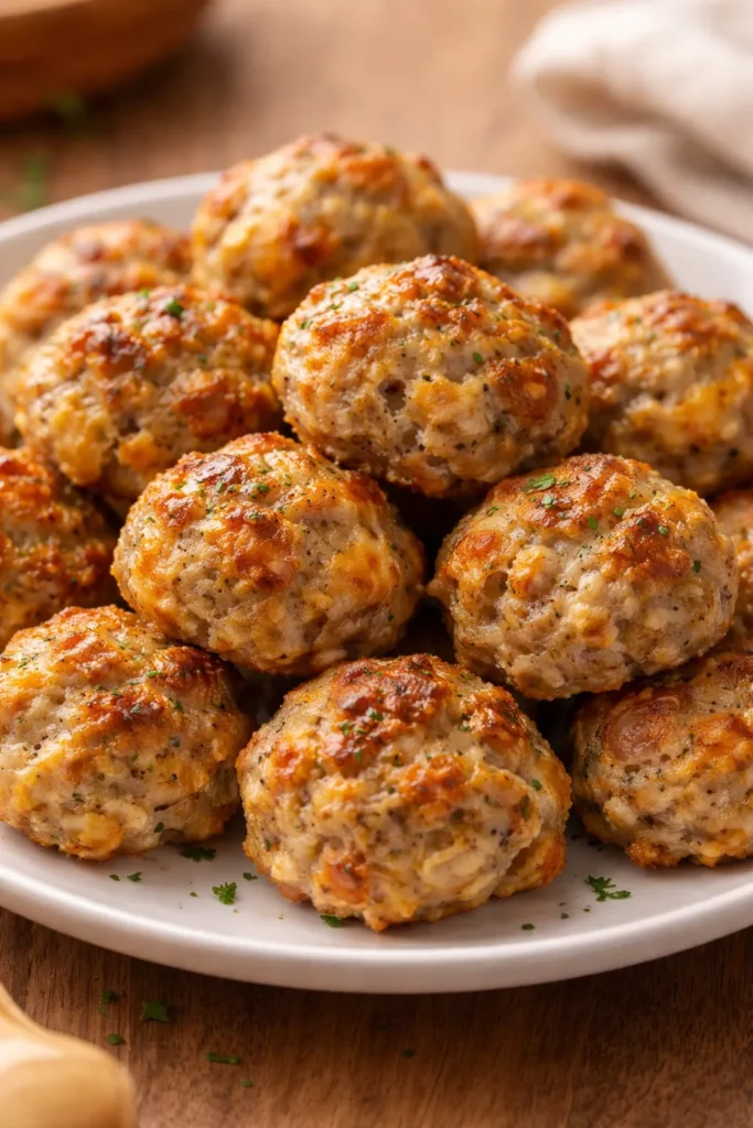 Golden sausage balls with cream cheese on a simple platter