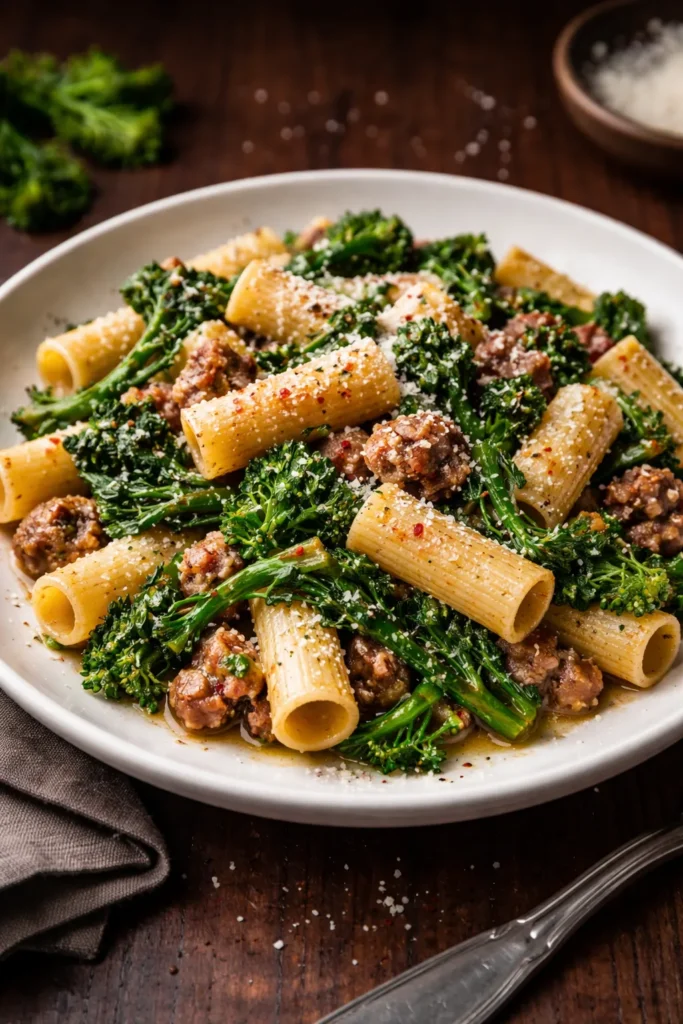 Plate of sausage with broccoli rabe pasta and parmesan