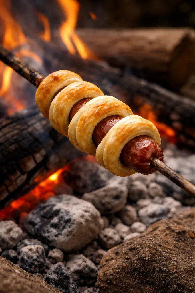 10 Campfire Recipes Even Kids Can Help With 8 Close-up of a sausage wrapped in biscuit dough on a roasting stick over coals