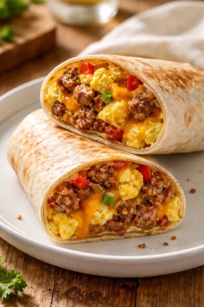 8 Breakfast Burrito Recipes for Meal Prep 3 Cross-section of Classic Sausage, Egg, and Cheddar Burrito with eggs, sausage, cheddar