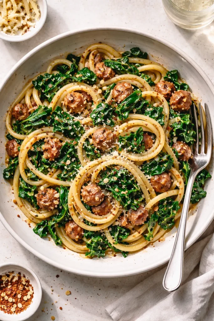 Plate of pasta with sausage, kale, and Parmesan in glossy sauce