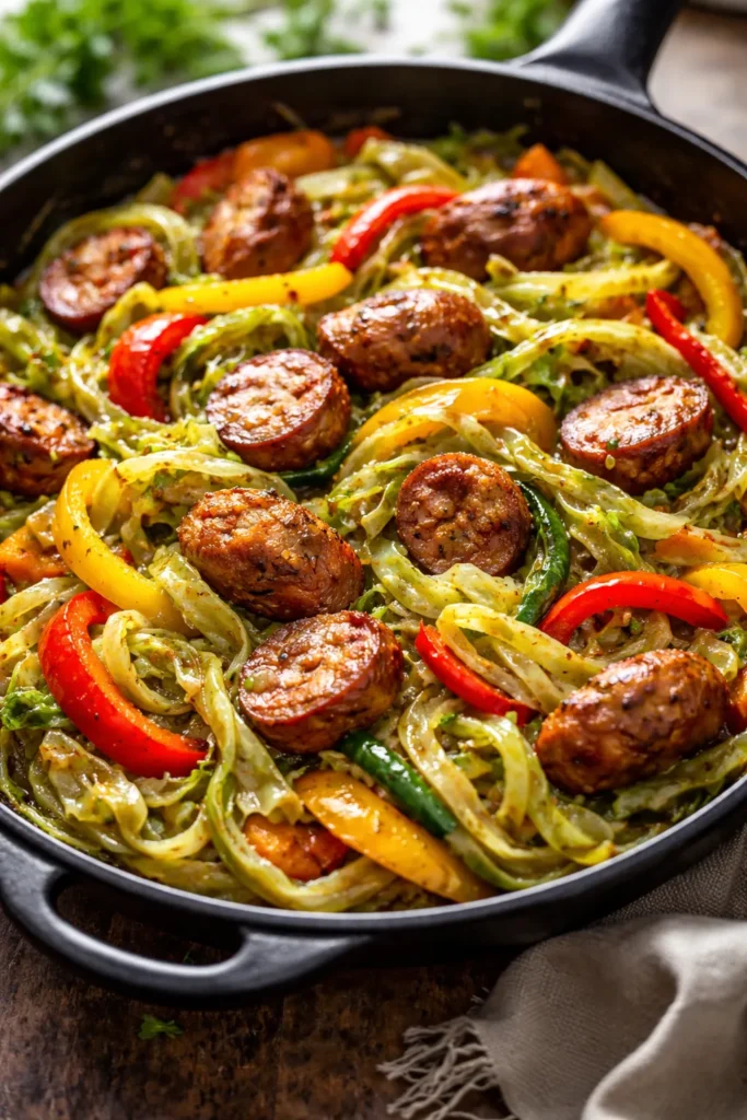 Sausage, peppers, and cabbage noodle dish in a skillet