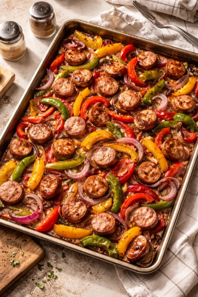 10 Easy Dinners for When You're Too Tired 3 Roasted sausage with peppers and onions on a sheet pan