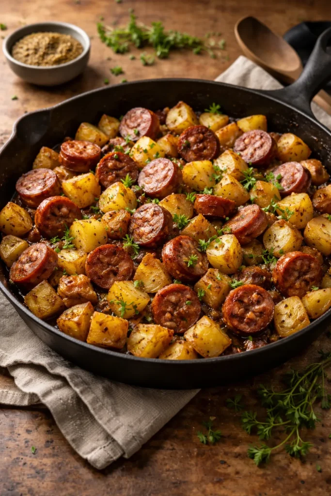 Cast-iron skillet with potatoes and sausage
