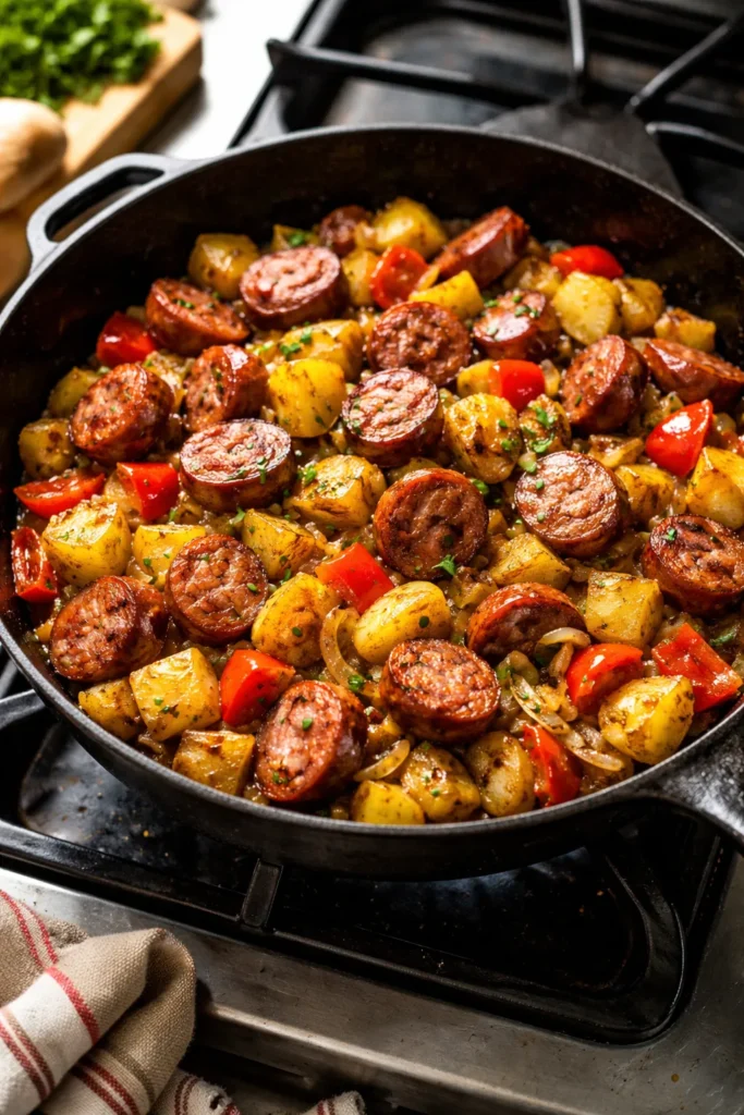 8 Stovetop Dinners When You're Short on Time 7 Close up of a sausage and potato skillet featuring kielbasa, potatoes, peppers, and onions