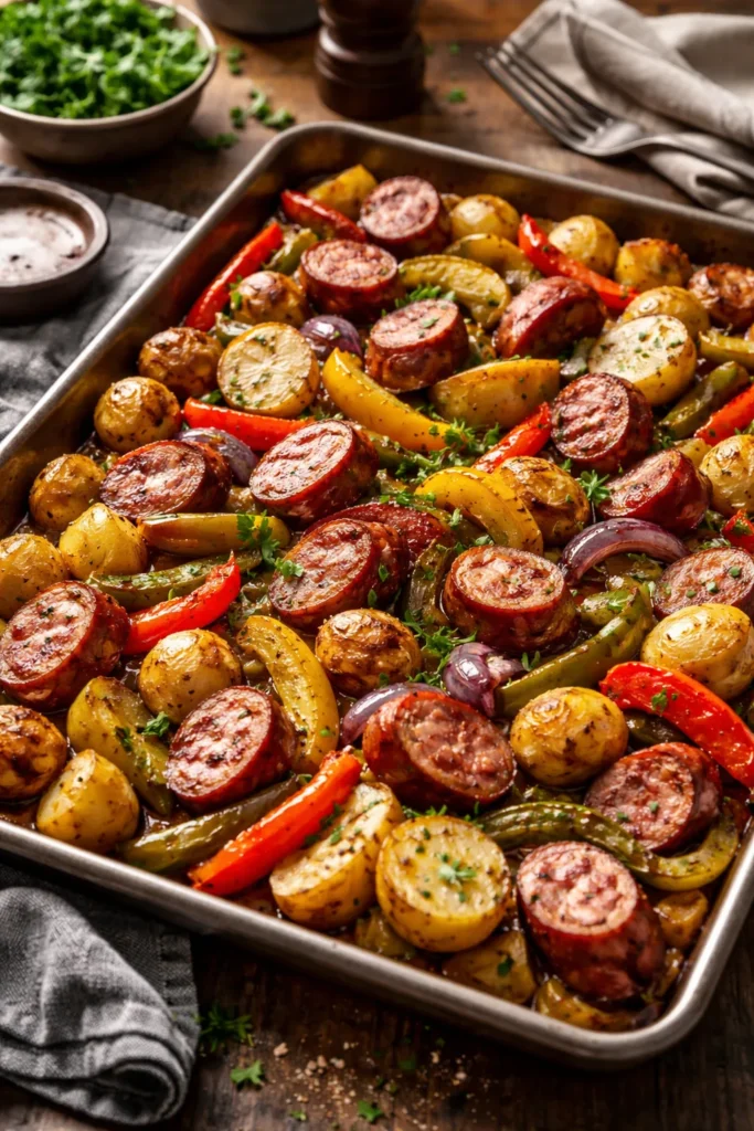 10 Cheap Family Dinners Everyone Eats 5 Sheet pan with kielbasa, potatoes, and peppers, roasted