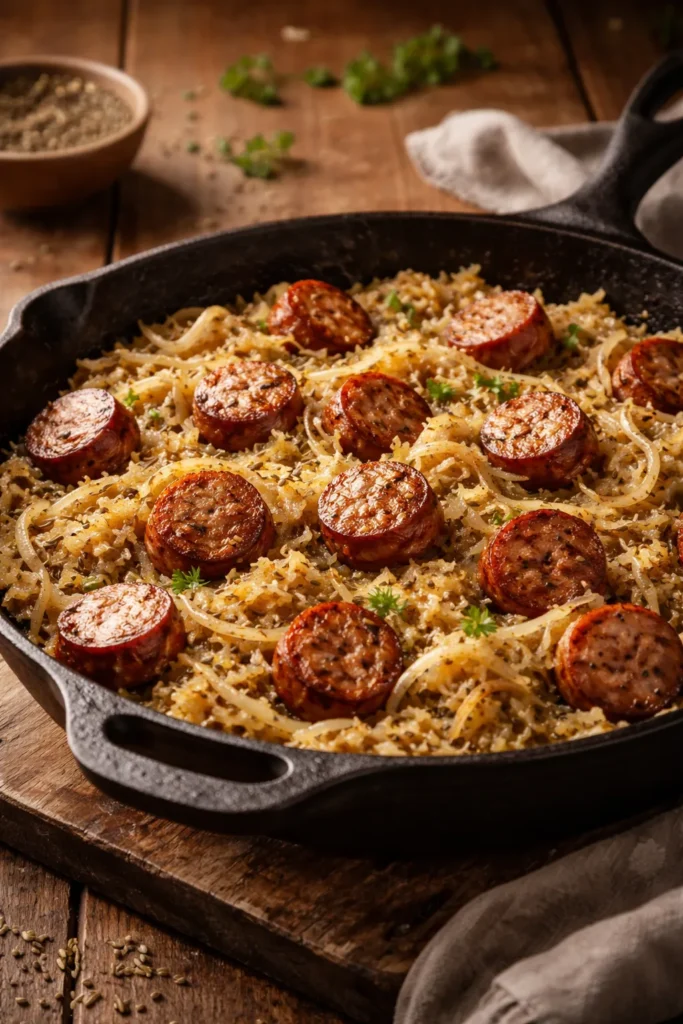 Cast-iron skillet with sausage and sauerkraut