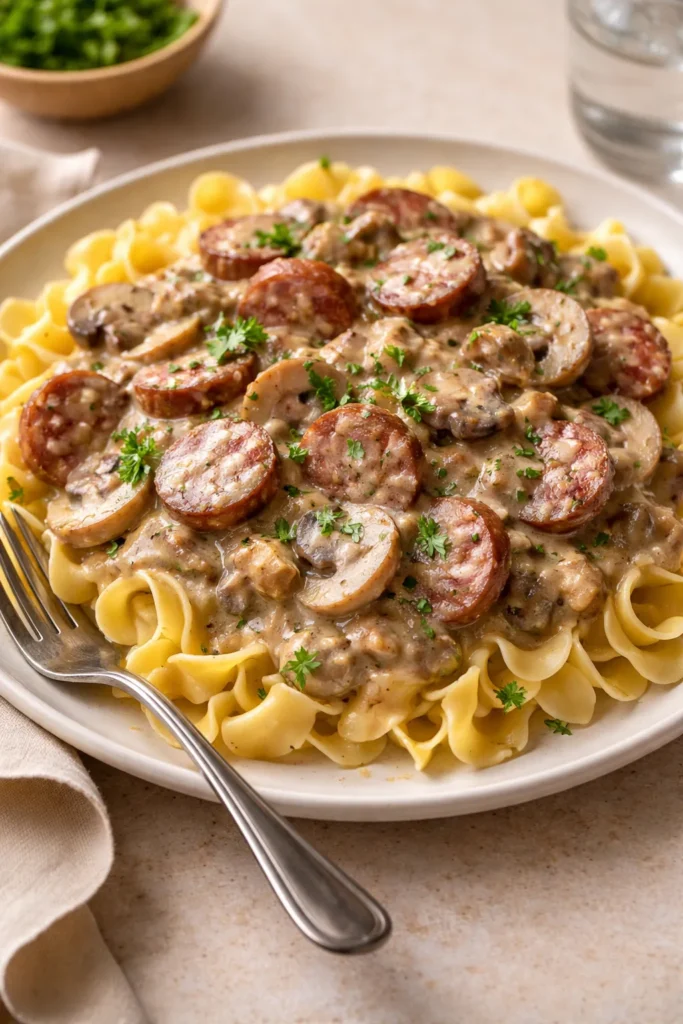Plate of sausage stroganoff over egg noodles with creamy sauce