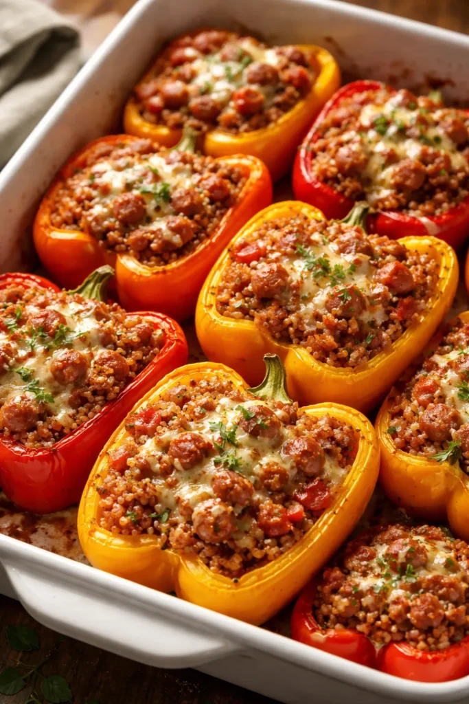 Stuffed bell peppers with sausage filling in a baking dish