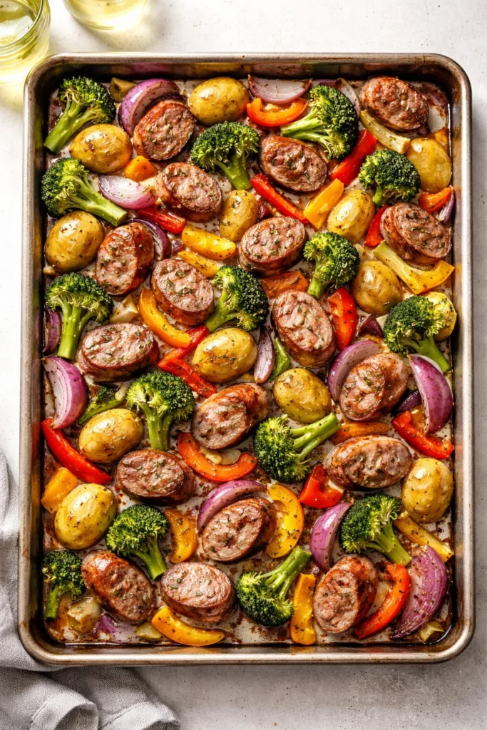 Sausage and vegetables arranged on a sheet pan
