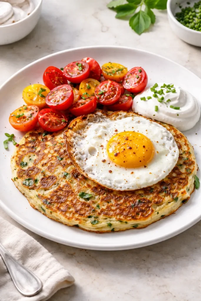 8 Savory Pancake Recipes for a Weekend Brunch 3 Savory pancake with eggs and fresh tomatoes on a plate