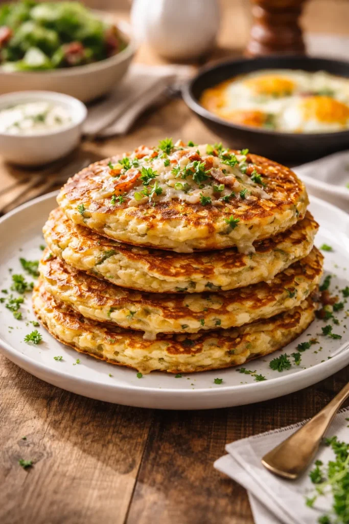 8 Savory Pancake Recipes for a Weekend Brunch 1 Savory pancake stack with cheese and herbs on a brunch plate