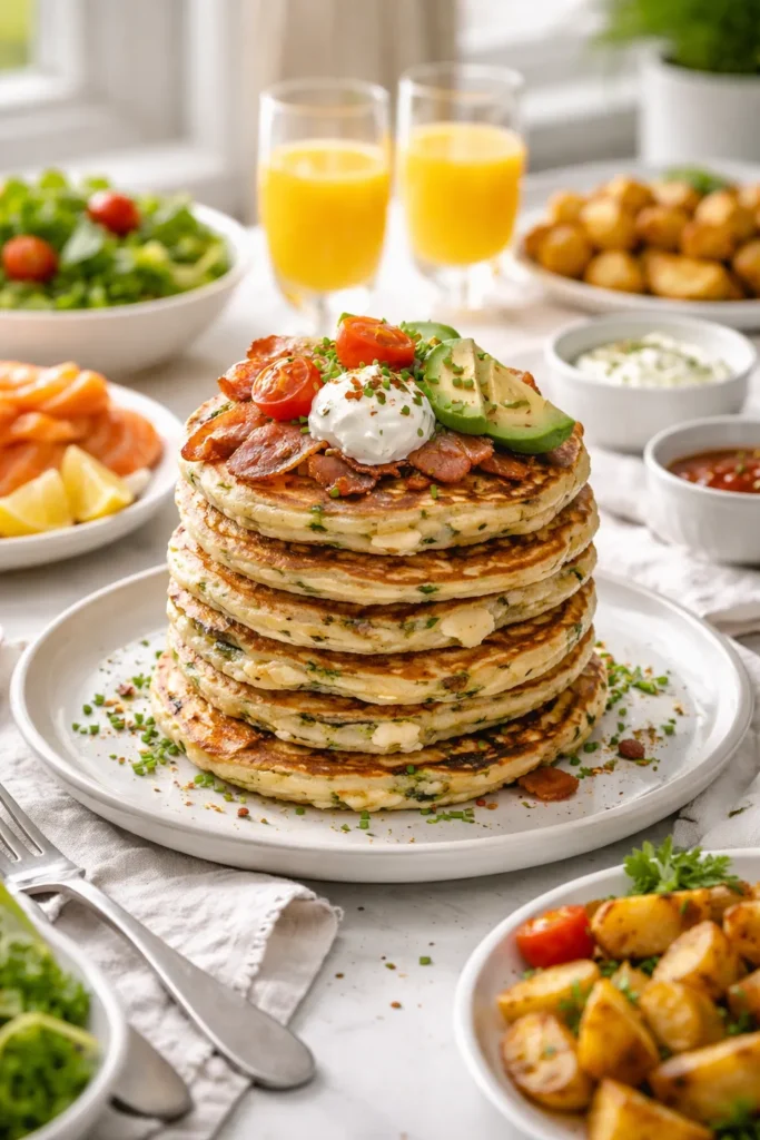8 Savory Pancake Recipes for a Weekend Brunch 12 Tall stack of savory pancakes centered on a plate