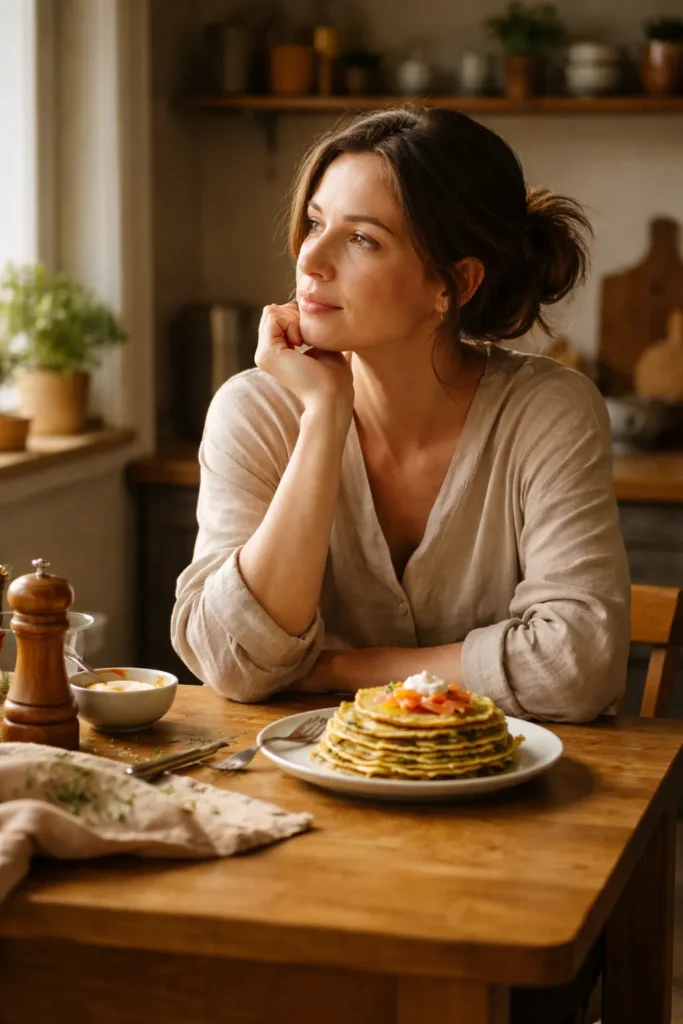 8 Savory Pancake Recipes for a Weekend Brunch 14 Thoughtful person at a wooden table reflecting on savory pancake ideas