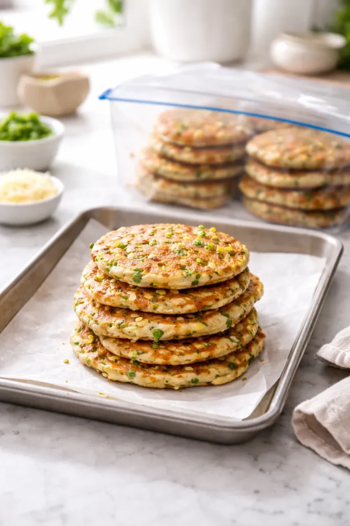 8 Savory Pancake Recipes for a Weekend Brunch 13 Stack of savory pancakes on parchment, prepared for freezing and reheating