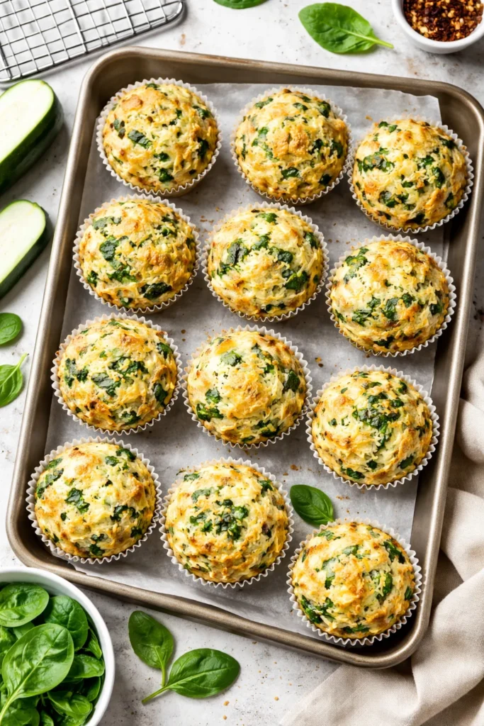 12 Make-Ahead Breakfast Breads for Weekdays 6 Savory muffins with zucchini flecks and cheese on baking sheet