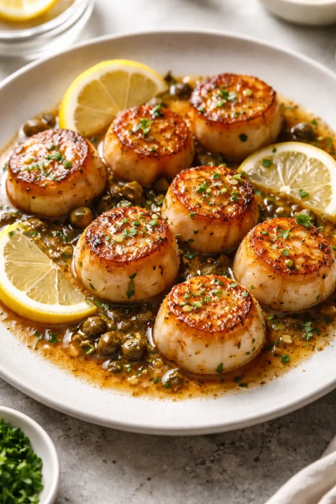 Golden pan-seared scallops with brown butter lemon sauce on plate