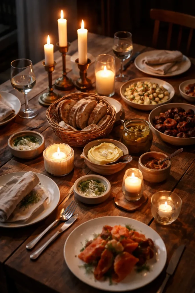 Nordic dinner table setup with candles, bread, butter, and condiments