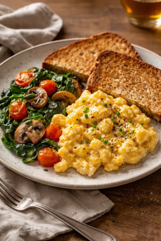 10 Easy Dinners for When You're Too Tired 1 Creamy scrambled eggs with toast and leftover veggies on a plate