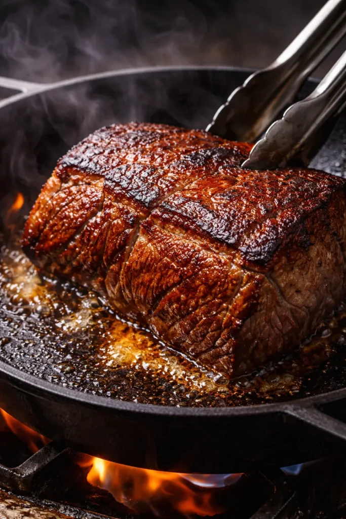 10 Slow Cooker Beef Recipes Fork-Tender 12 Beef searing to a golden crust in a hot pan