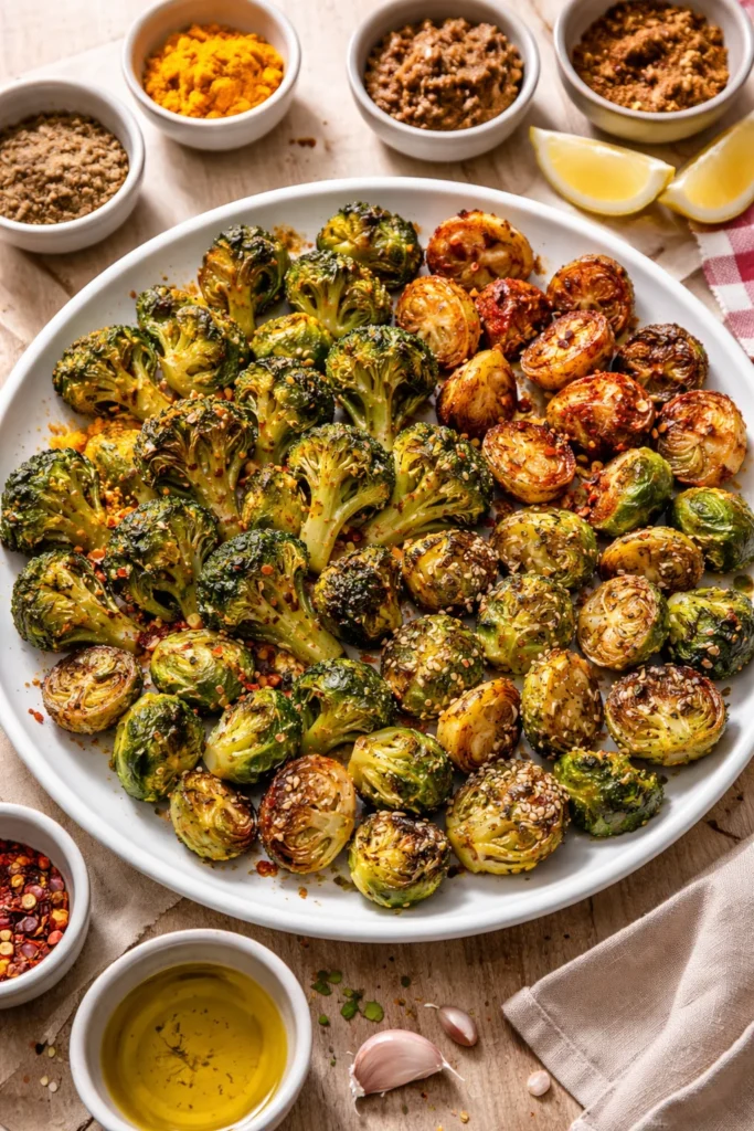 8 Roasted Broccoli and Sprout Side Dishes 11 Roasted broccoli and Brussels sprouts with varied seasoning flecks