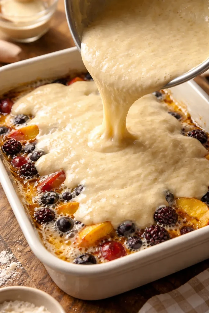 Pourable self-rising flour topping over fruit cobbler