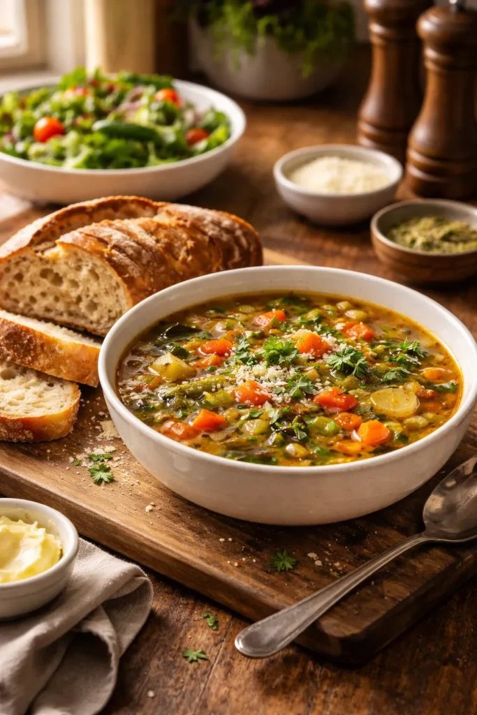 8 Vegetable Soup Recipes for Cold Nights 12 Bowl of soup with crusty bread on wooden board
