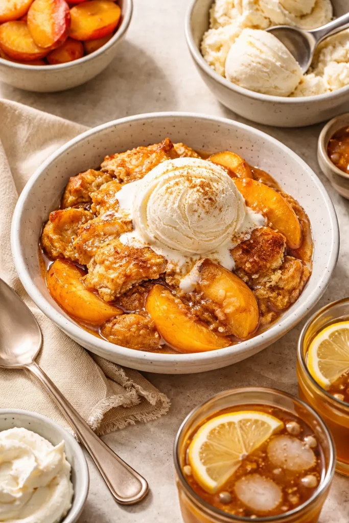 Easy Peach Cobbler With Bisquick in 30 Mins 14 Peach cobbler in a bowl with vanilla ice cream ready to serve
