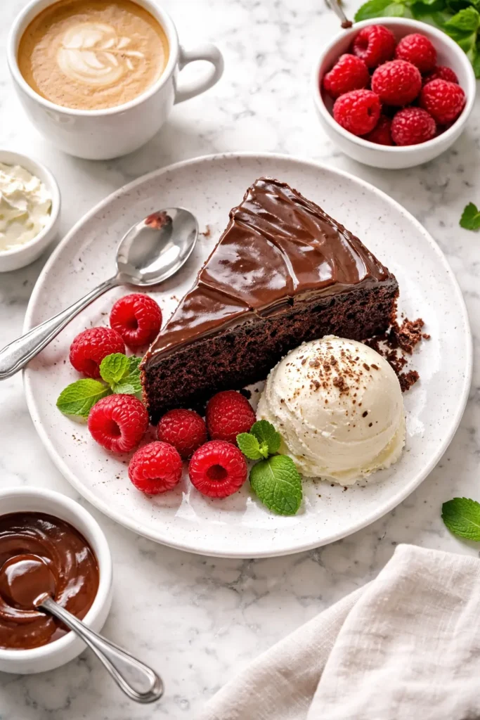 Easiest One Bowl Chocolate Cake For Beginners 12 Chocolate cake slice with ice cream, raspberries, and mint on plate