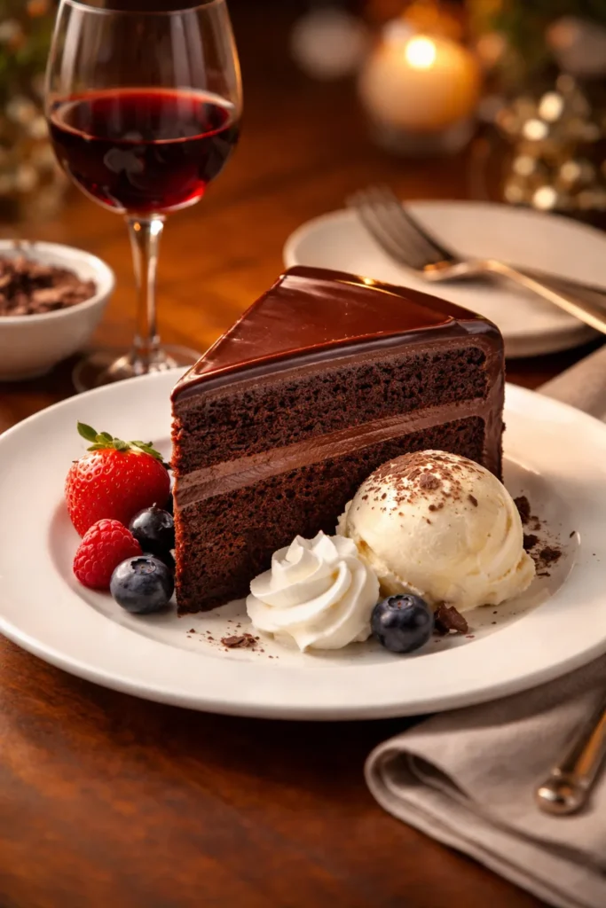 Rich Chocolate Ganache Cake for Birthdays 12 Chocolate cake slice plated with berries and whipped cream beside a glass of red wine