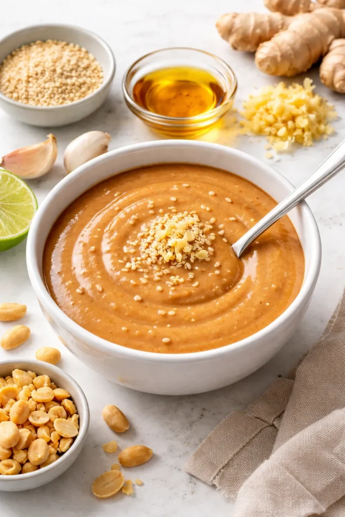 Sesame-ginger peanut sauce in a bowl with sesame seeds visible.