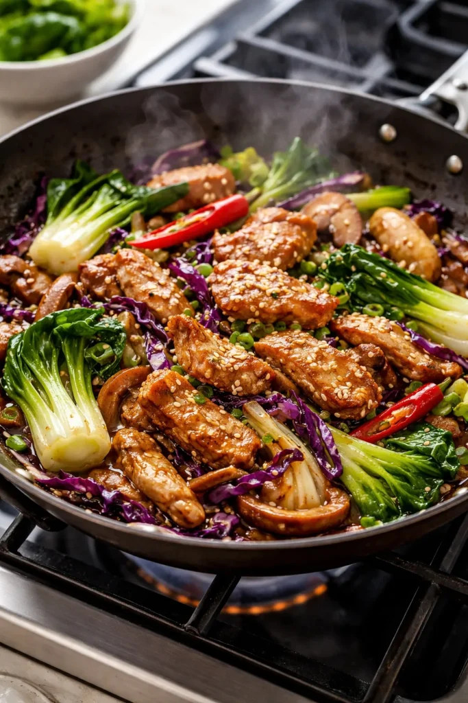 Sesame pork stir fry with bok choy cabbage mushrooms and red chili in a wok