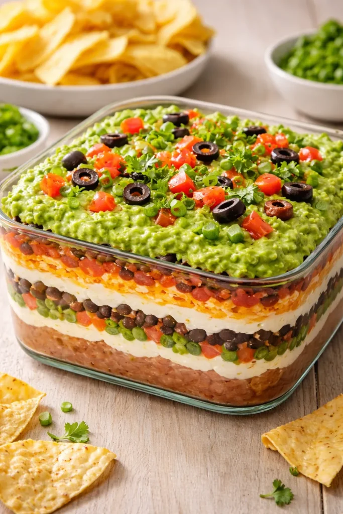 8 Potluck Recipes Everyone Asks You to Bring 6 Multi-layer dip showing seven color bands including green guacamole