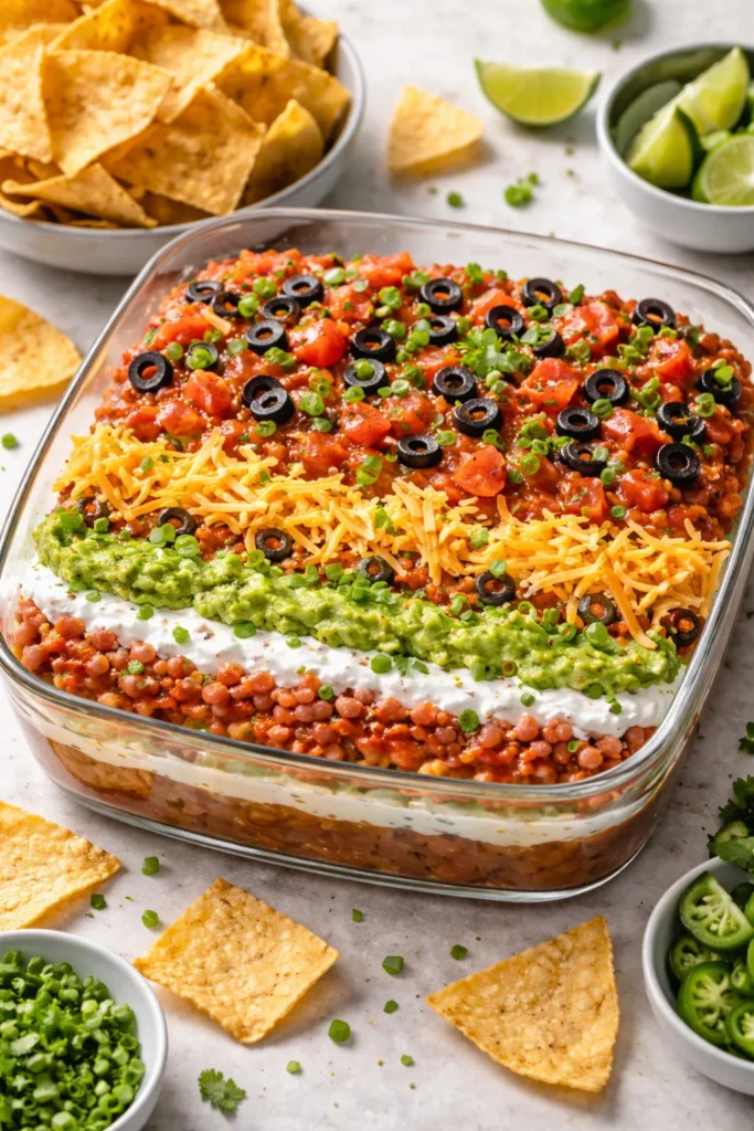Seven-layer taco dip in a clear dish showing distinct layers