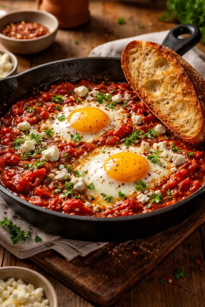 10 Easy Dinners for One That Feel Like a Treat 3 Skillet shakshuka with poached eggs and feta, bread on side