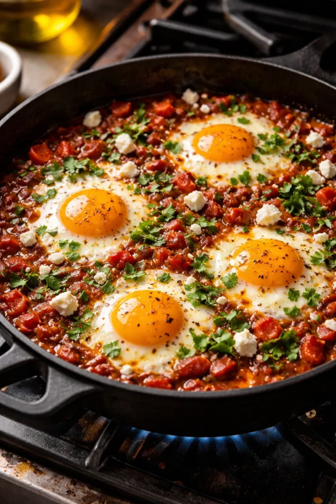 8 Mediterranean Dinner Recipes for Weeknights 2 Shakshuka in a skillet with eggs, tomato sauce, feta and herbs