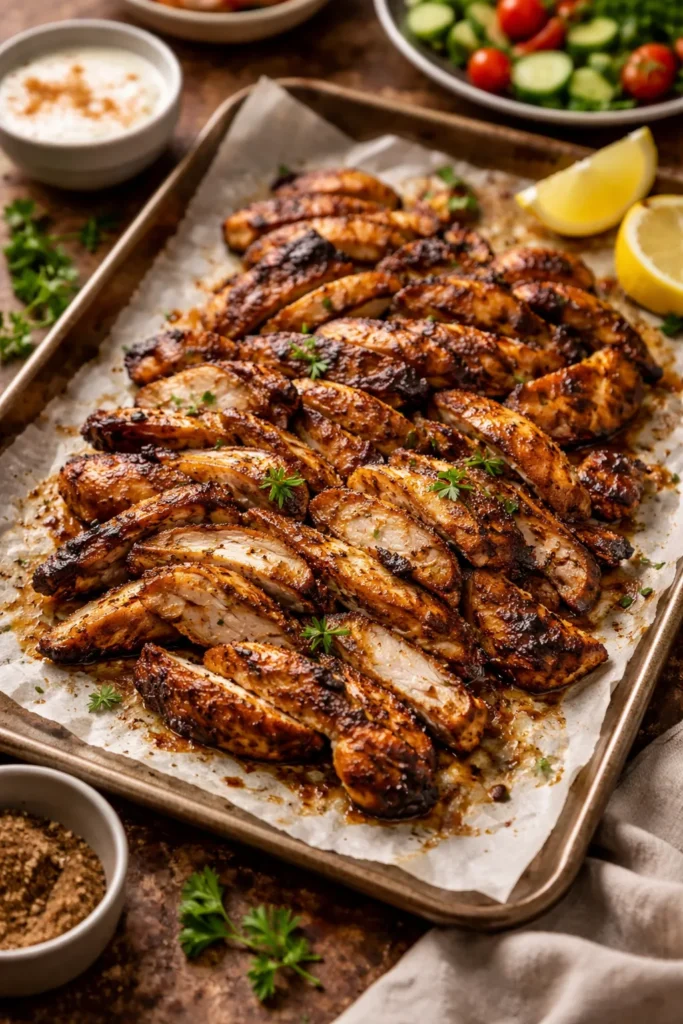 10 Middle Eastern Recipes Easy to Make at Home 5 Sliced charred marinated chicken on sheet pan