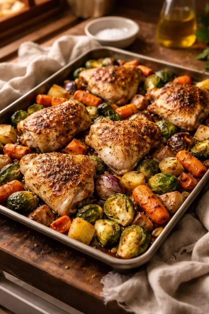 10 Clean Eating Recipes for the Whole Week 9 Sheet pan chicken with roasted vegetables on a baking sheet