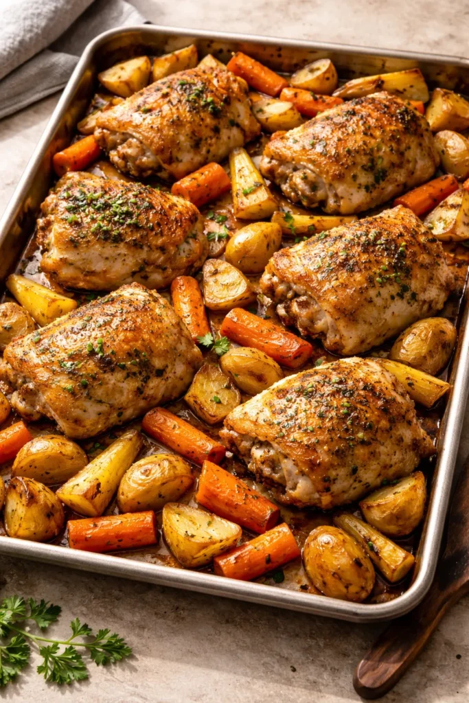 8 Make-Ahead Dinners Ready When You Are 6 Sheet pan chicken thighs with roasted root vegetables