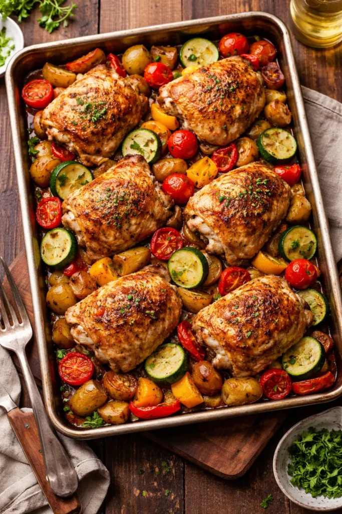 12 Easy Weekend Dinners for a Chill Night 4 Sheet pan with crispy chicken thighs and roasted vegetables