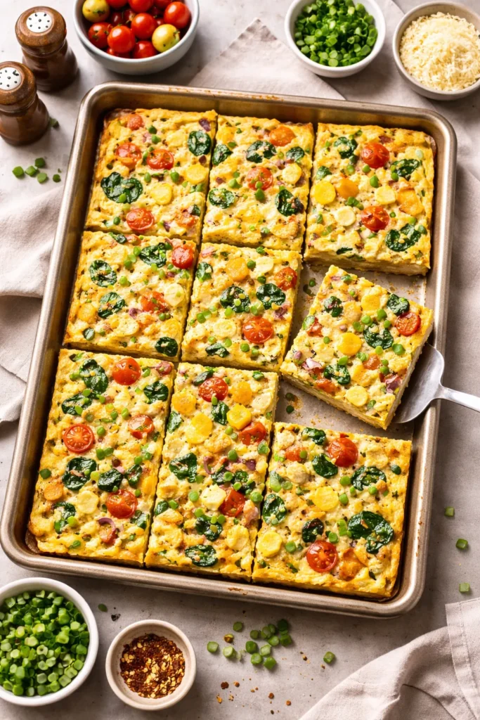 10 High Protein Breakfasts for Busy Mornings 4 Sheet pan scrambled eggs with colorful vegetables