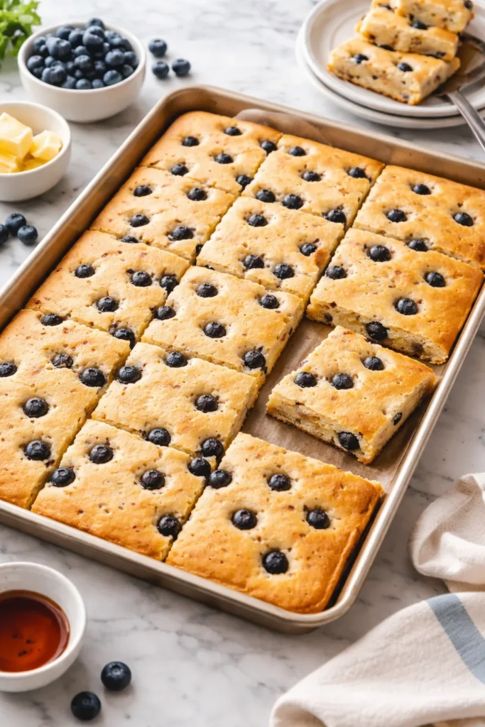 Large sheet pan pancake batter with blueberries baked and cut into squares