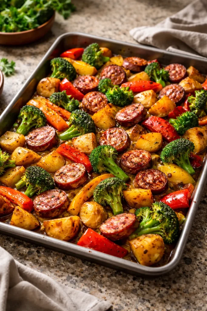 10 Oven-Baked Meals for Easy Weeknight Dinners 9 Sheet pan sausage with roasted potatoes and vegetables on pan