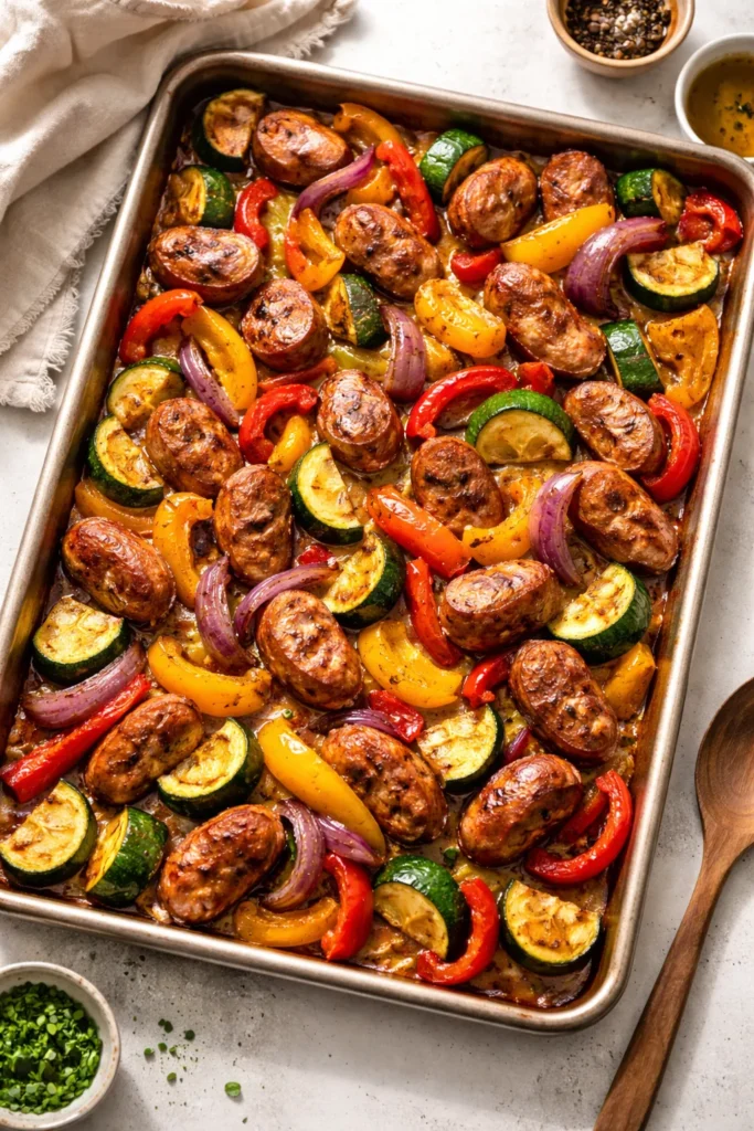 Roasted sheet pan sausage and vegetables with peppers and zucchini.
